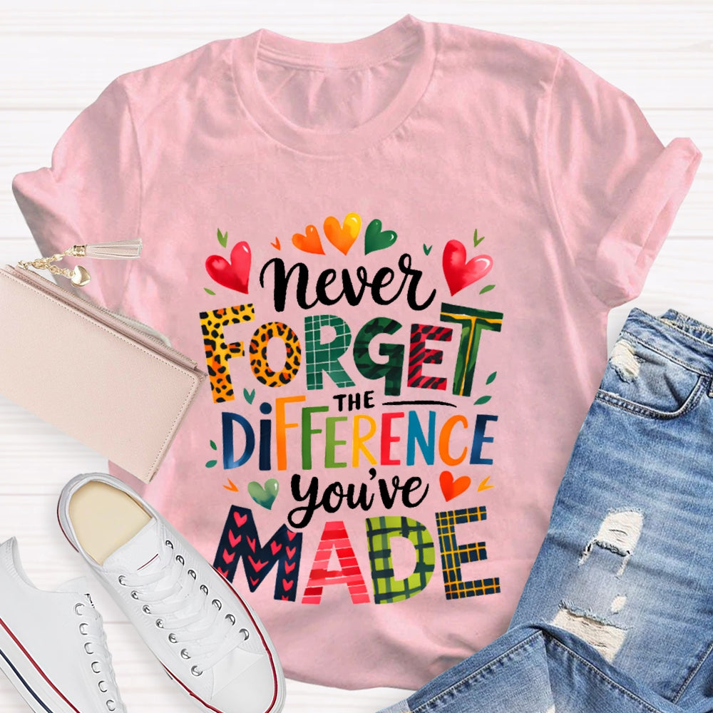 Never Forget The Difference You'Ve Made Colorful Fonts And Small Hearts T-shirt