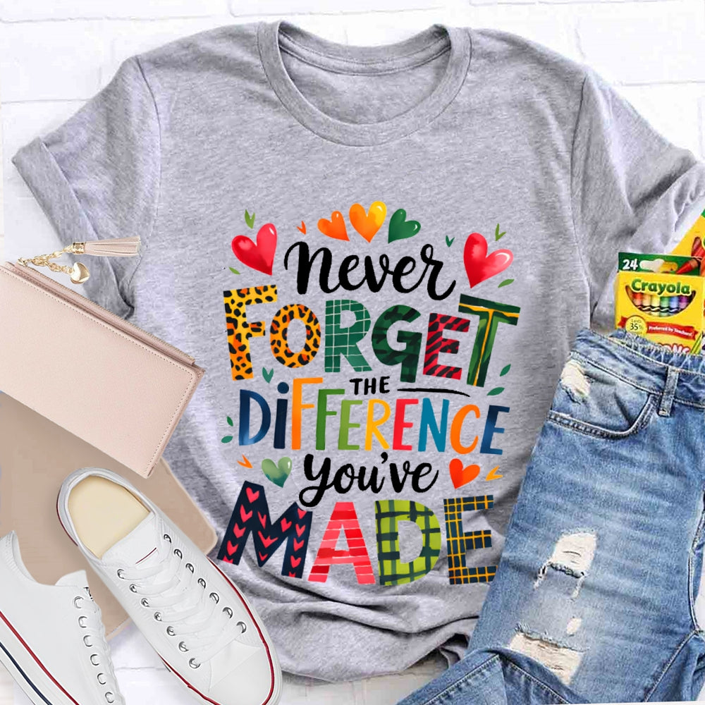 Never Forget The Difference You'Ve Made Colorful Fonts And Small Hearts T-shirt