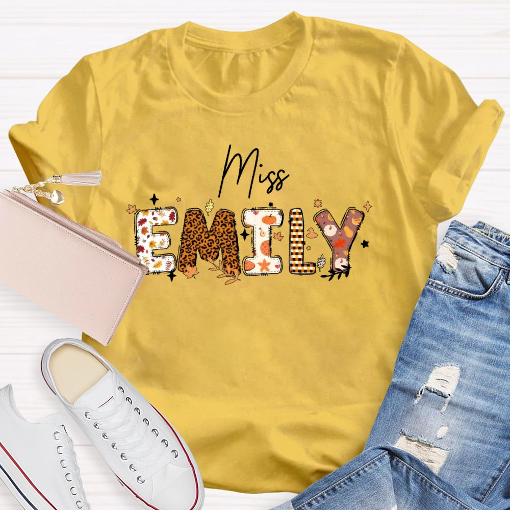 Personalized Name Autumn Leaves Teacher T-shirt