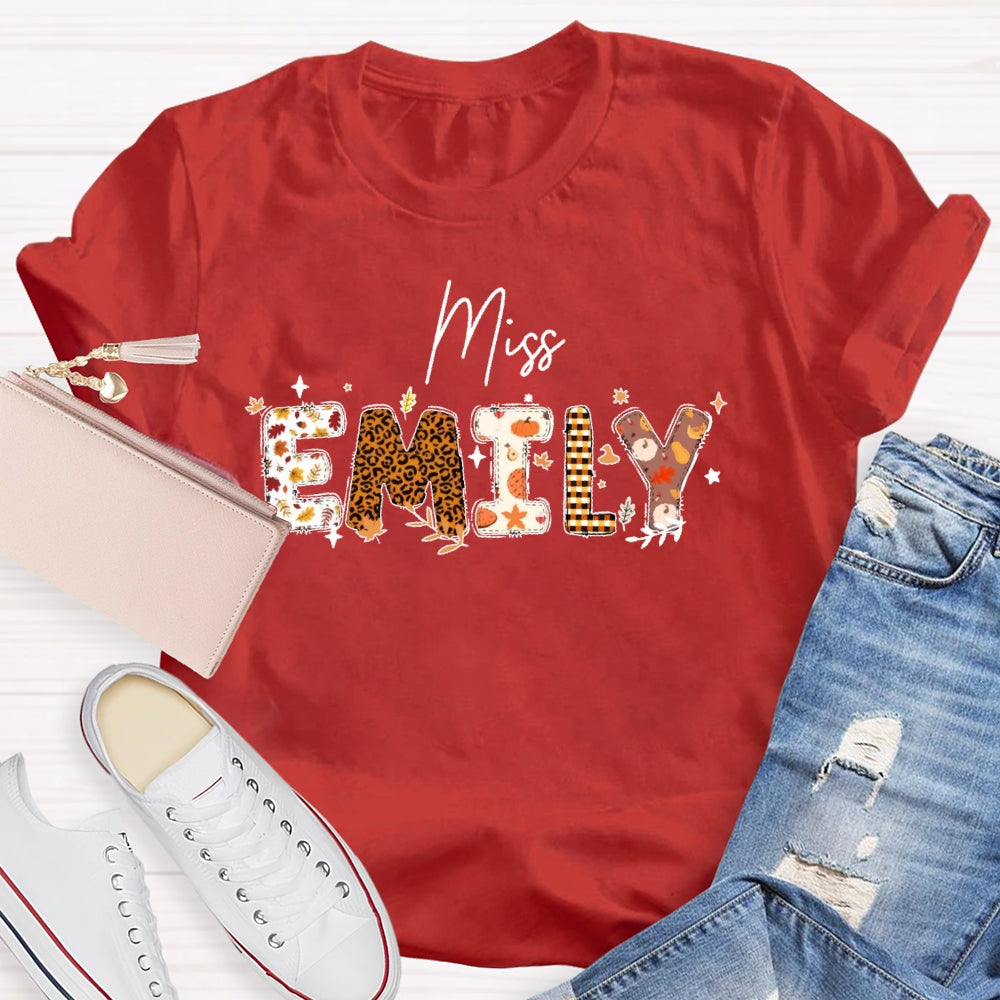 Personalized Name Autumn Leaves Teacher T-shirt