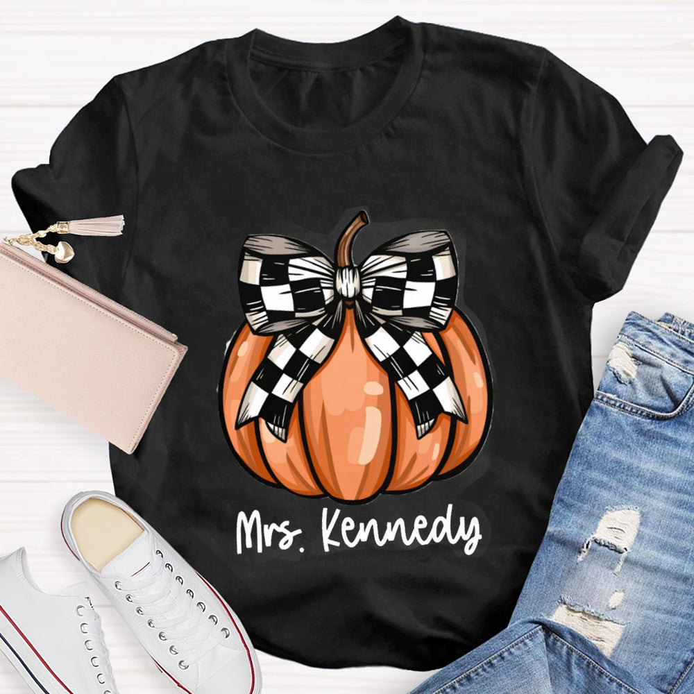 Personalized Name Halloween Pumpkin Striped Bow T-shirt