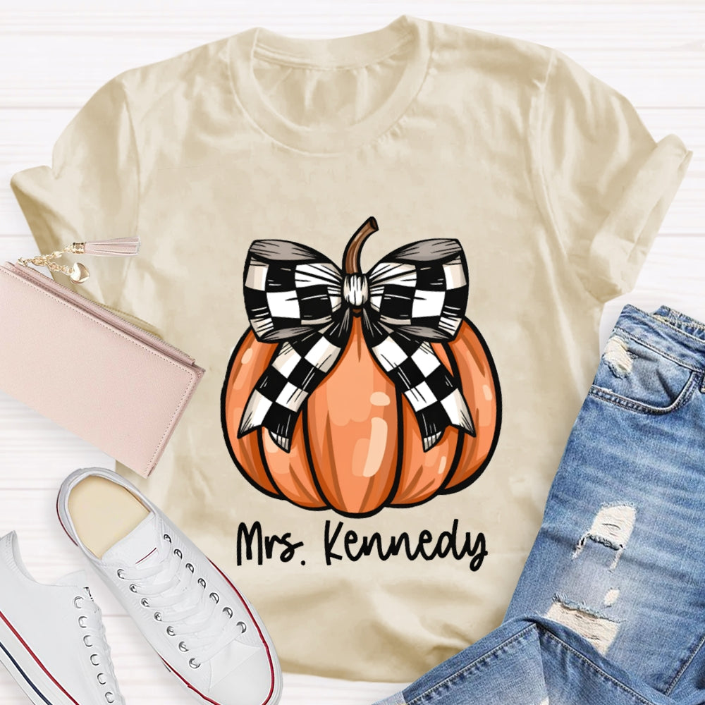 Personalized Name Halloween Pumpkin Striped Bow T-shirt