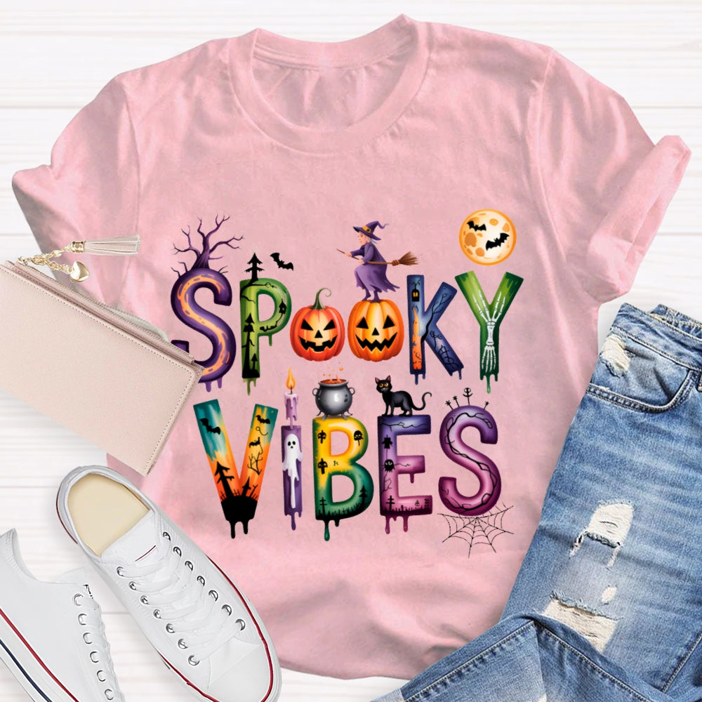 Spooky Vibes Pumpkin And Halloween Font T-shirt