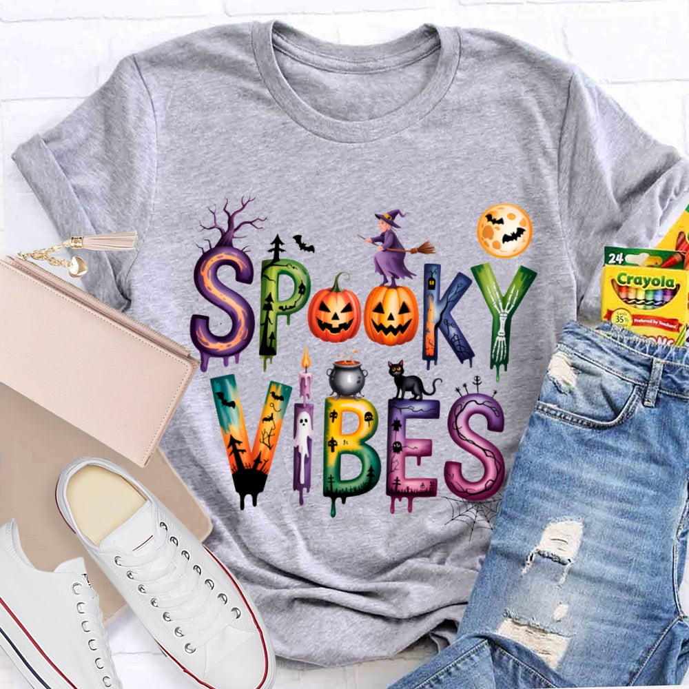 Spooky Vibes Pumpkin And Halloween Font T-shirt