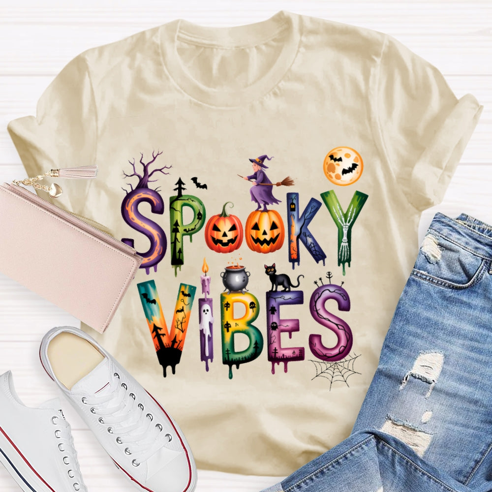 Spooky Vibes Pumpkin And Halloween Font T-shirt