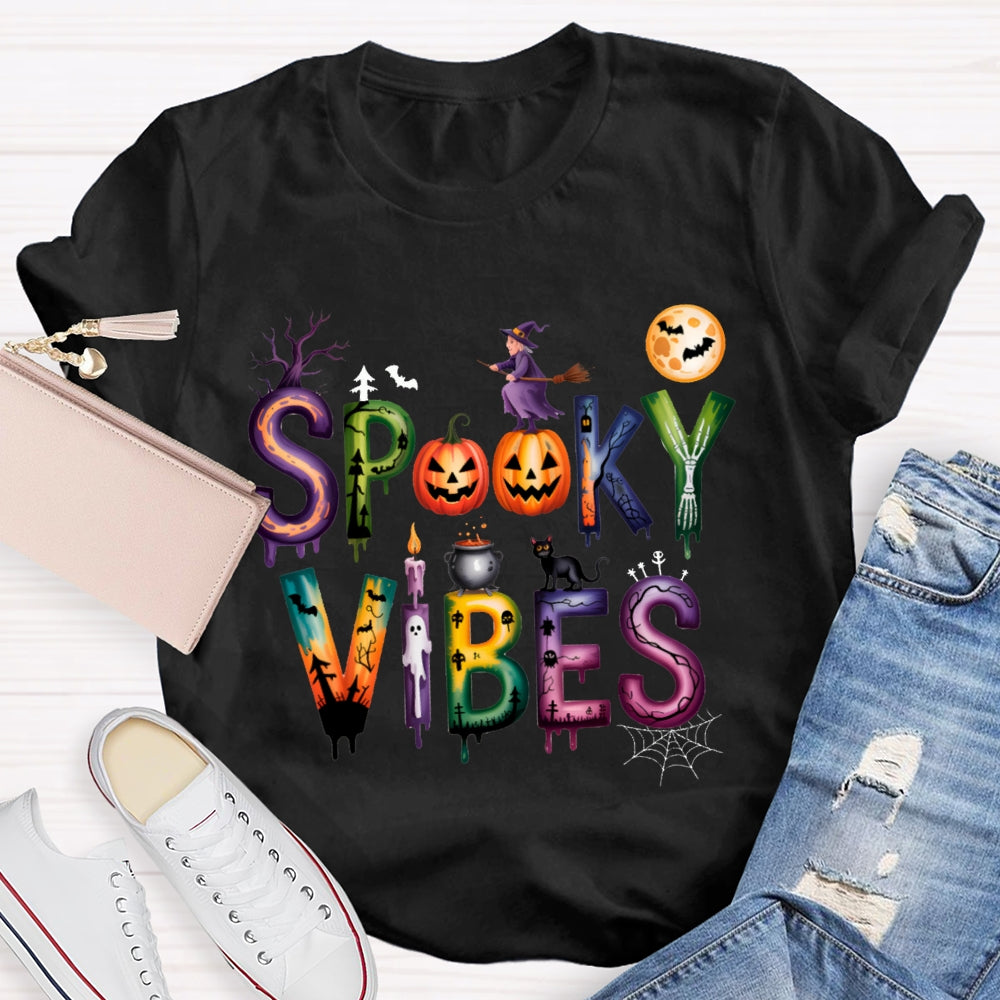 Spooky Vibes Pumpkin And Halloween Font T-shirt