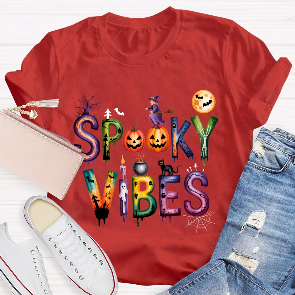 Spooky Vibes Pumpkin And Halloween Font T-shirt