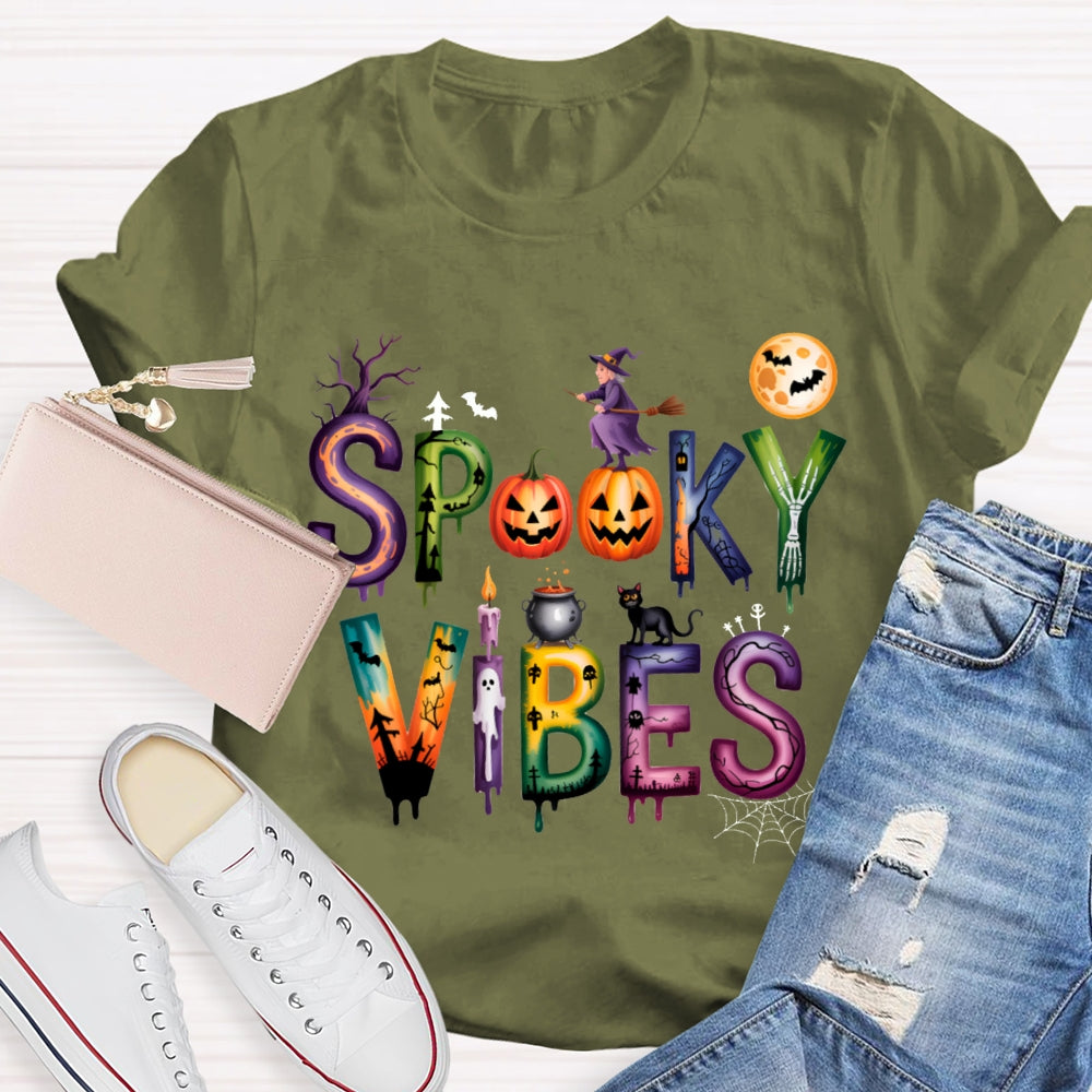 Spooky Vibes Pumpkin And Halloween Font T-shirt