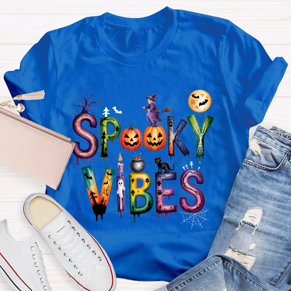 Spooky Vibes Pumpkin And Halloween Font T-shirt
