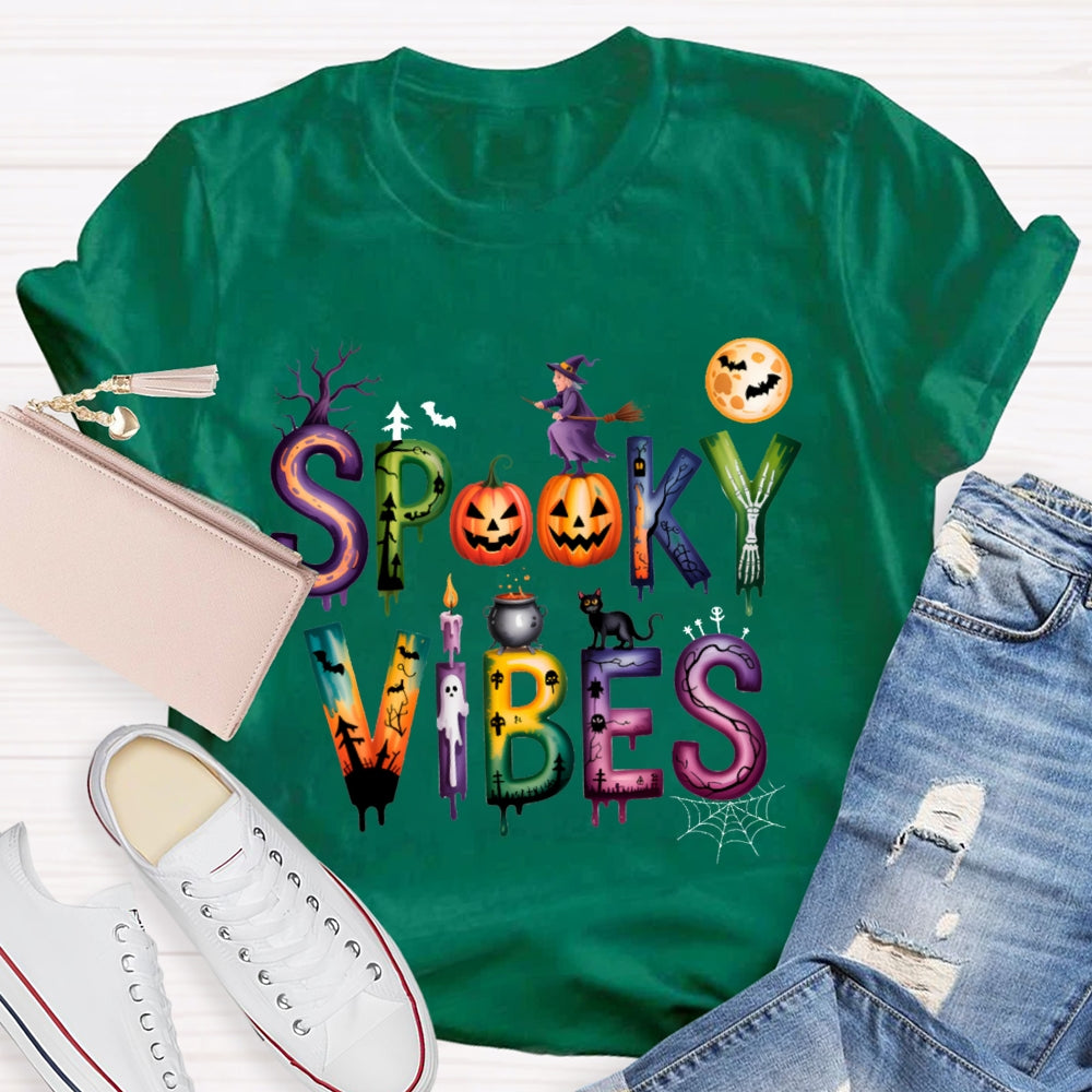 Spooky Vibes Pumpkin And Halloween Font T-shirt