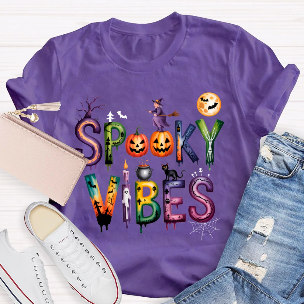 Spooky Vibes Pumpkin And Halloween Font T-shirt