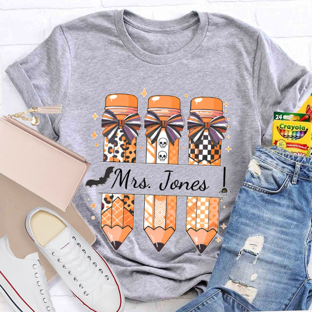 Personalized Name Bow Leopard Print Pencil Halloween T-shirt