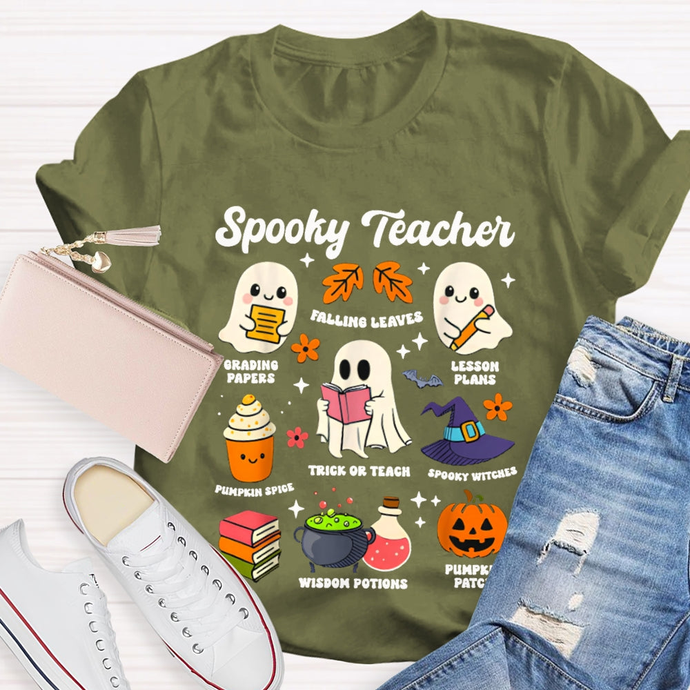 Spooky Teacher Grading Papers Falling Leaves Lesson Plans T-shirt