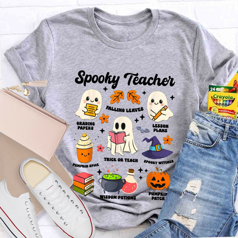 Spooky Teacher Grading Papers Falling Leaves Lesson Plans T-shirt