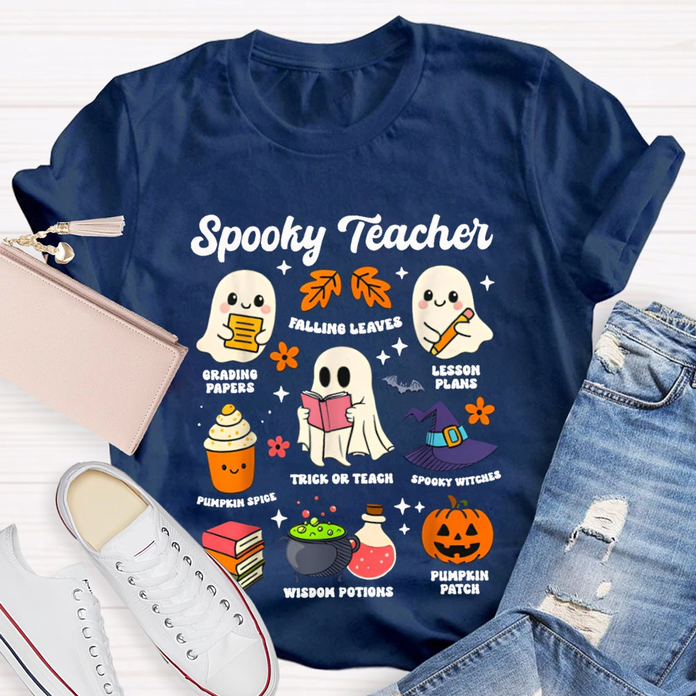 Spooky Teacher Grading Papers Falling Leaves Lesson Plans T-shirt