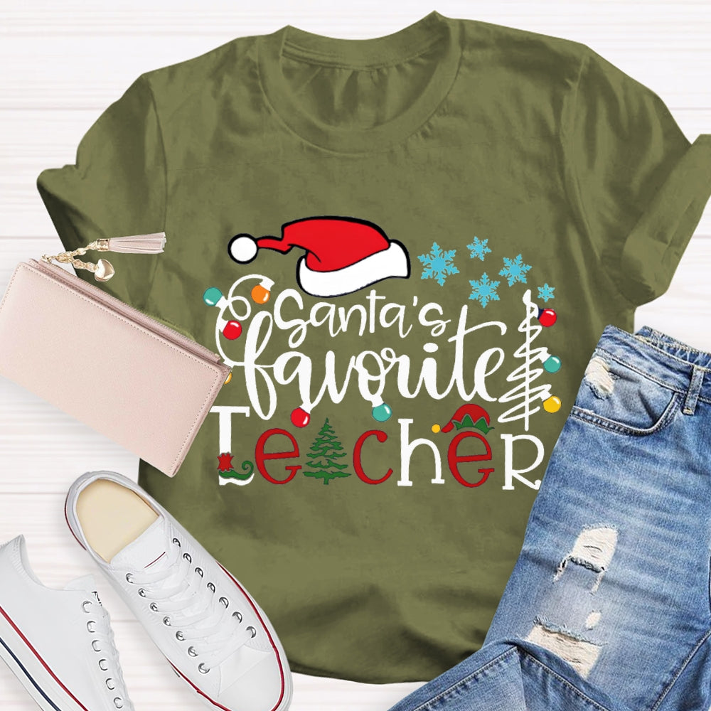 Santa'S Favorite Teacher Santa Hat And Snowflakes Christmas Tree T-shirt