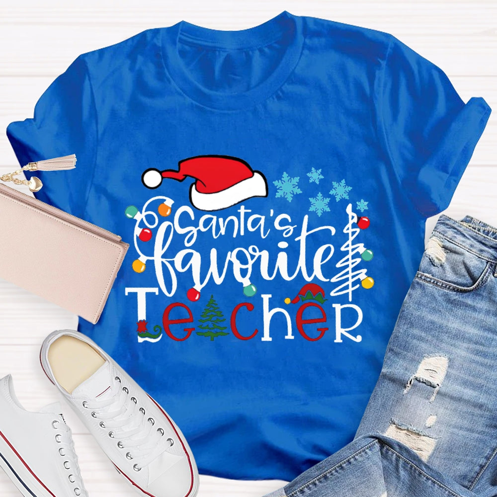 Santa'S Favorite Teacher Santa Hat And Snowflakes Christmas Tree T-shirt