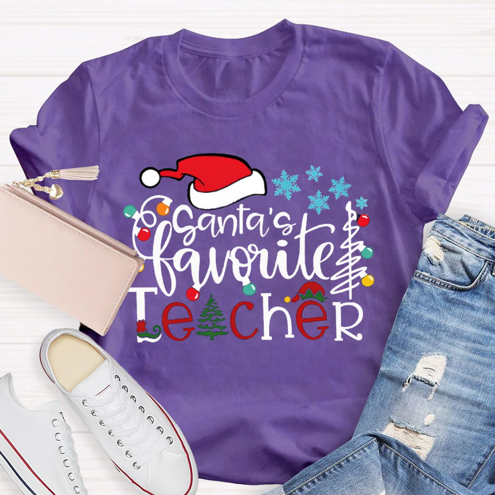 Santa'S Favorite Teacher Santa Hat And Snowflakes Christmas Tree T-shirt