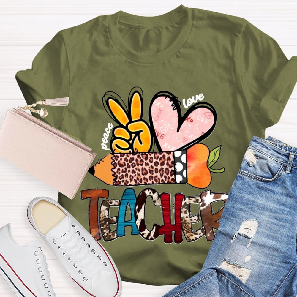 Peace Love Teacher Leopard Print Pencil T-shirt