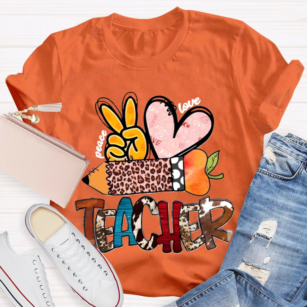 Peace Love Teacher Leopard Print Pencil T-shirt