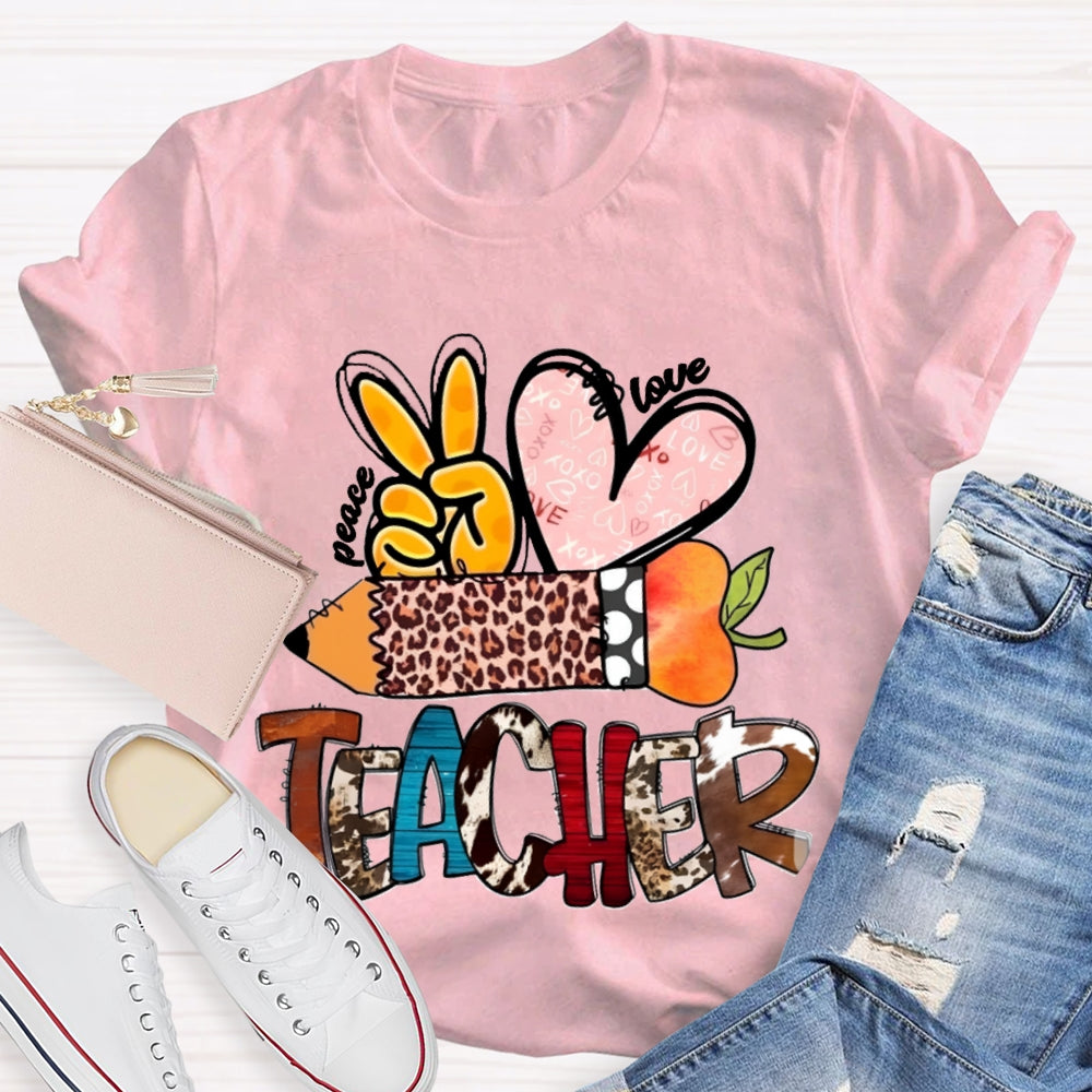 Peace Love Teacher Leopard Print Pencil T-shirt