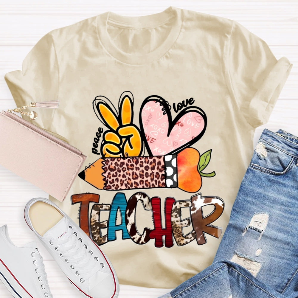 Peace Love Teacher Leopard Print Pencil T-shirt