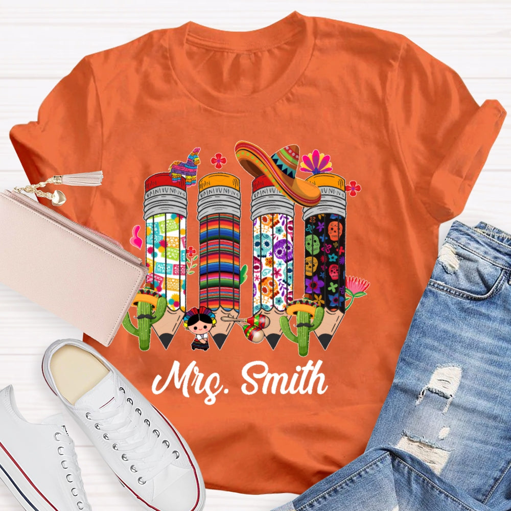 Personalized Name Bilingual Teacher Pencil T-shirt