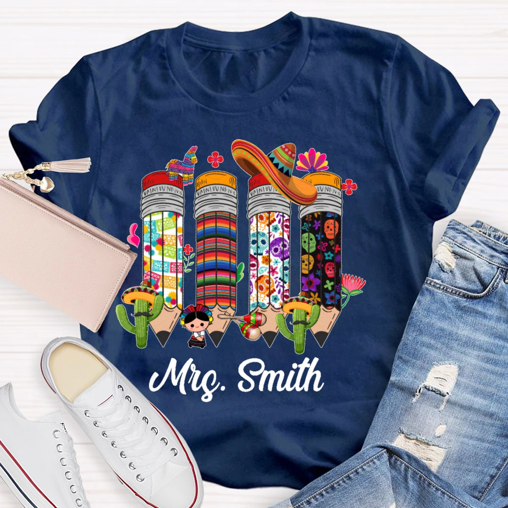 Personalized Name Bilingual Teacher Pencil T-shirt