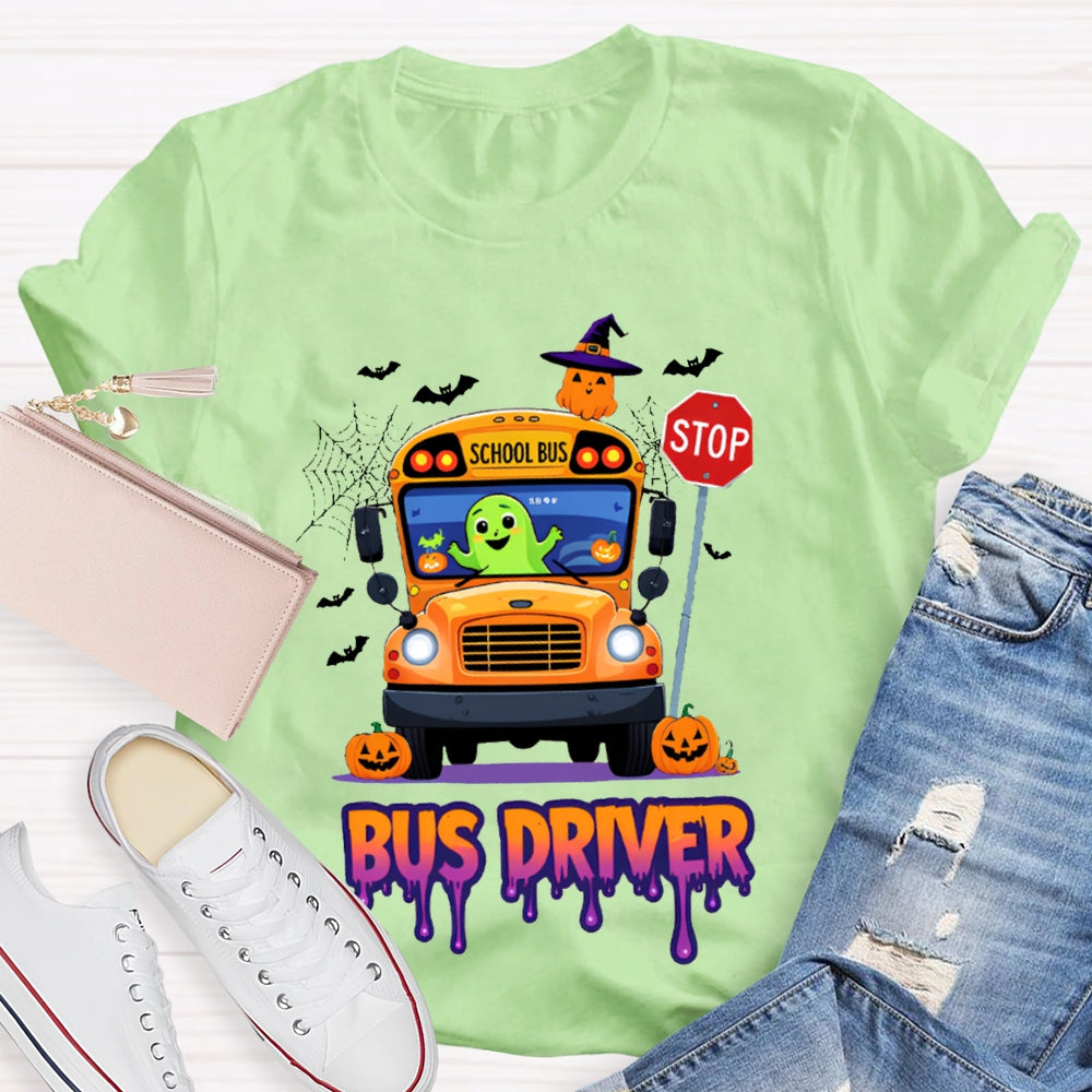 School Bus Driver Pumpkin And Scary Halloween Font T-shirt