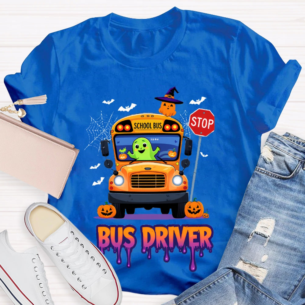 School Bus Driver Pumpkin And Scary Halloween Font T-shirt
