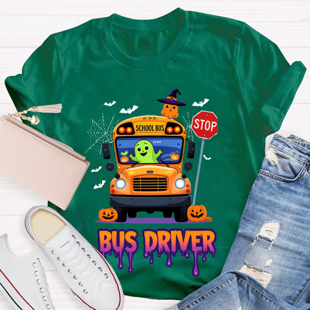School Bus Driver Pumpkin And Scary Halloween Font T-shirt