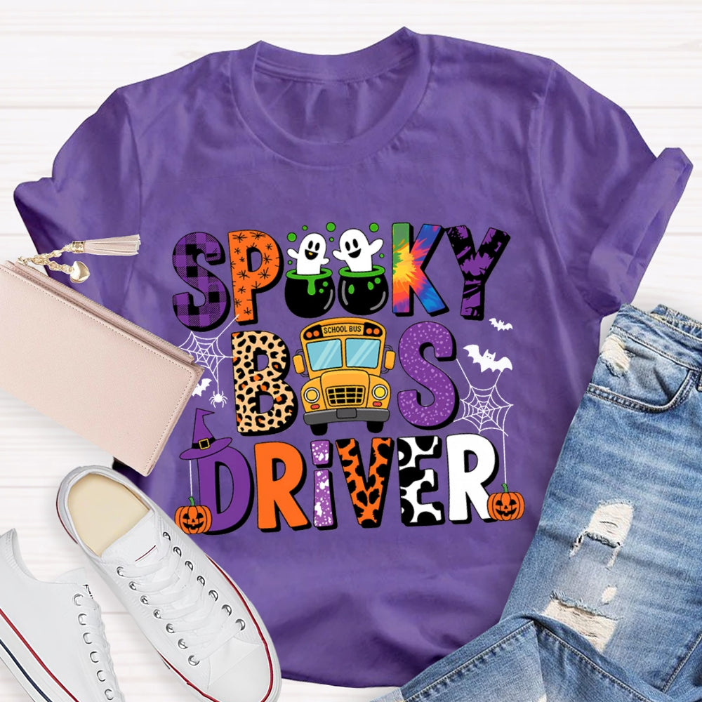 Spooky School Bus Driver Colorful And Leopard Print Font Halloween T-shirt