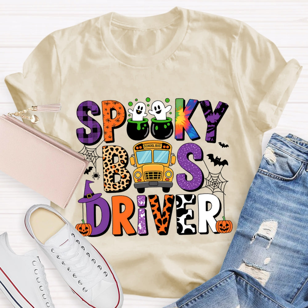 Spooky School Bus Driver Colorful And Leopard Print Font Halloween T-shirt