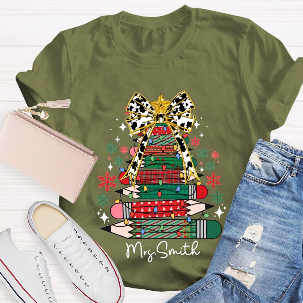 Personalized Name Bow And Colored Pencil Colored Christmas Tree Christmas T-shirt