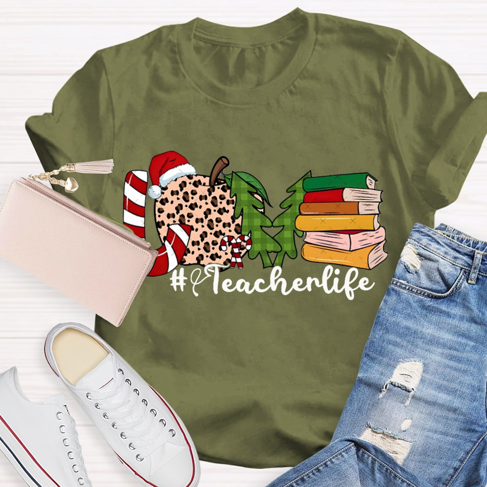 Love Teacher Life Leopard Print Apples And Christmas Tree T-shirt