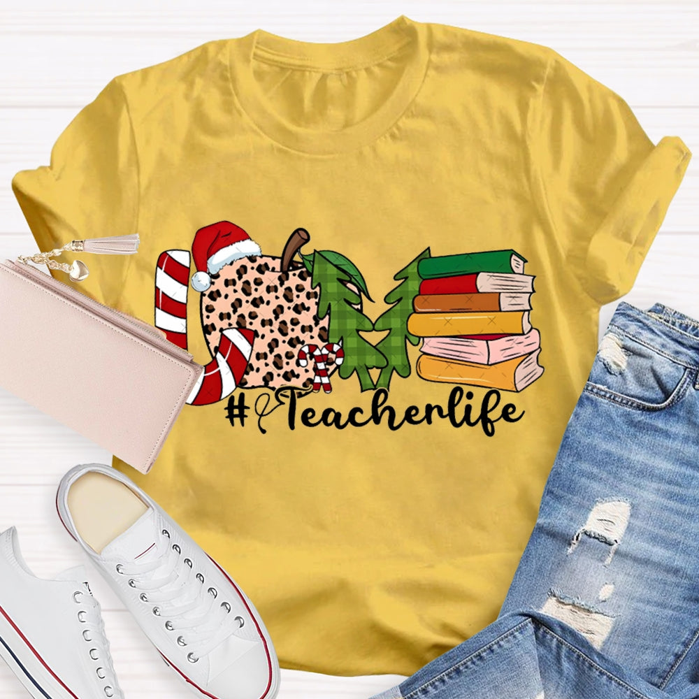 Love Teacher Life Leopard Print Apples And Christmas Tree T-shirt