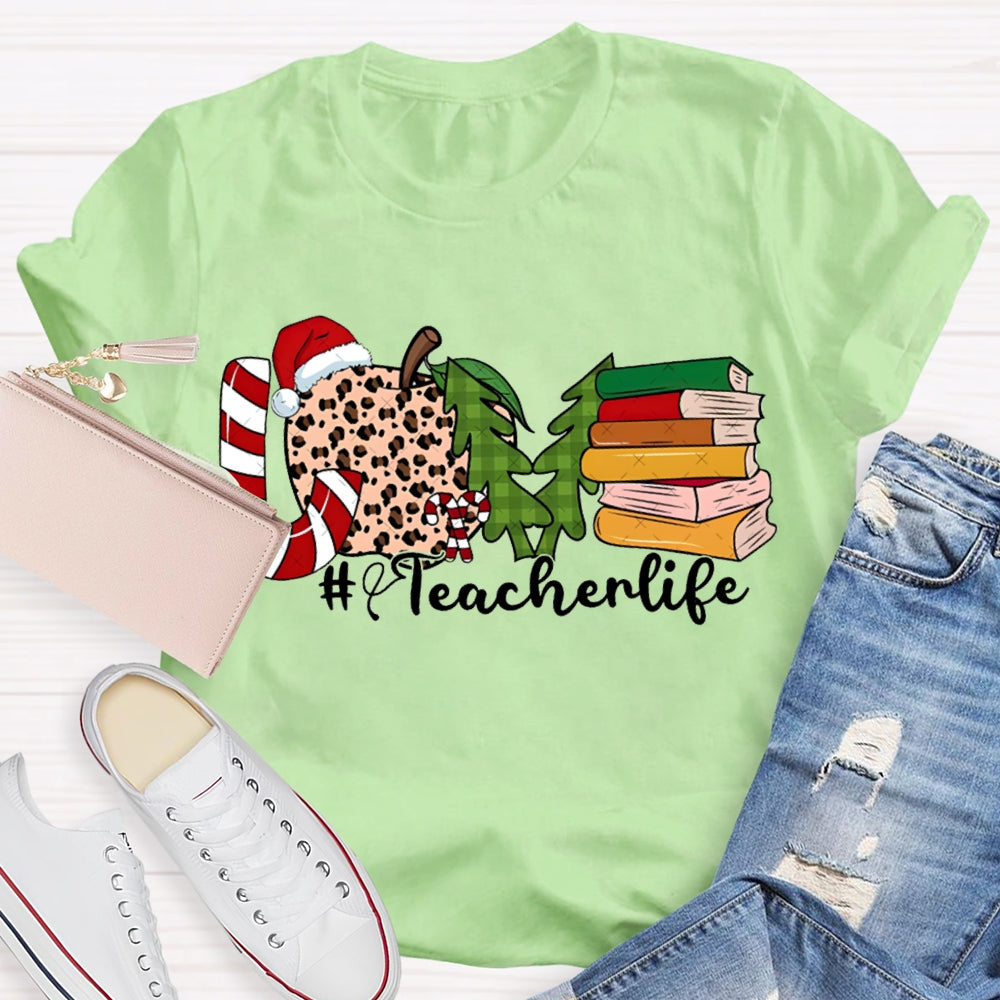 Love Teacher Life Leopard Print Apples And Christmas Tree T-shirt