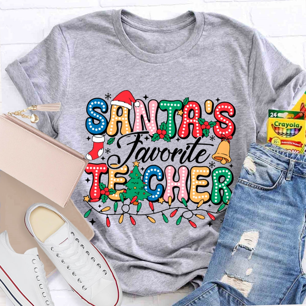 Santa'S Favorite Teacher Colorful Fonts And Christmas Lights T-shirt