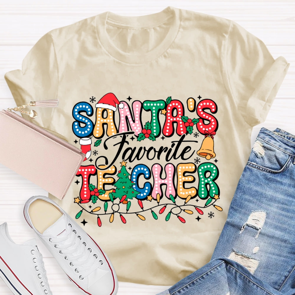Santa'S Favorite Teacher Colorful Fonts And Christmas Lights T-shirt