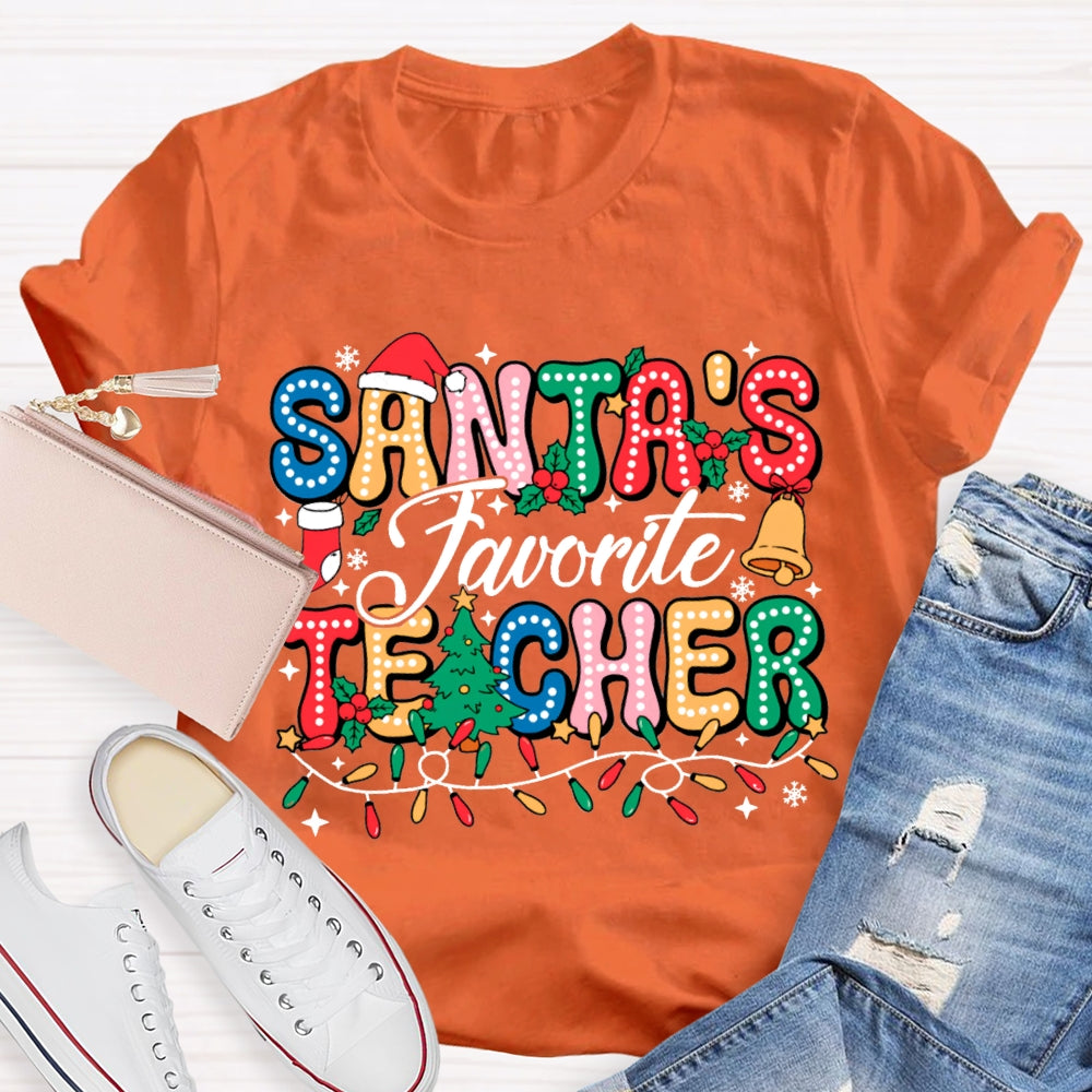 Santa'S Favorite Teacher Colorful Fonts And Christmas Lights T-shirt