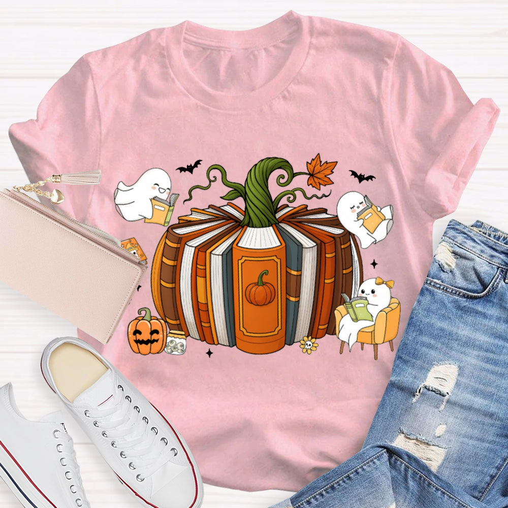 Pumpkin Books A Group Of Little Ghosts Reading Books T-shirt