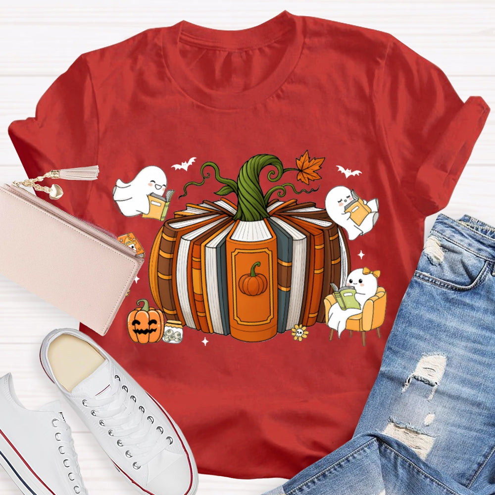 Pumpkin Books A Group Of Little Ghosts Reading Books T-shirt