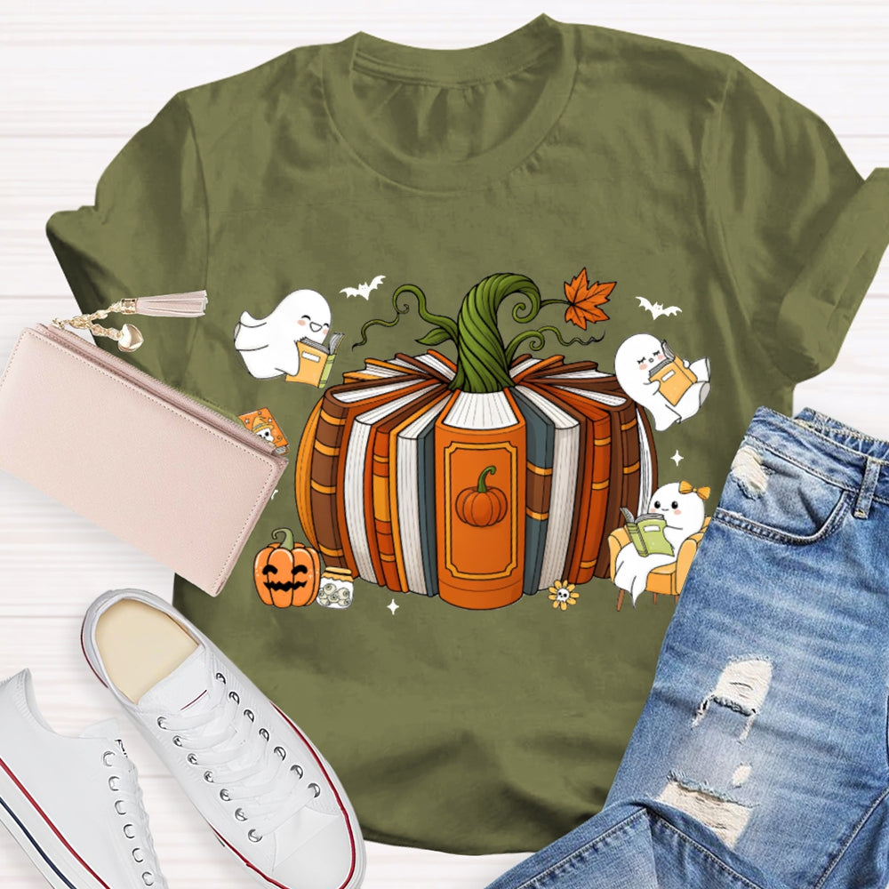 Pumpkin Books A Group Of Little Ghosts Reading Books T-shirt
