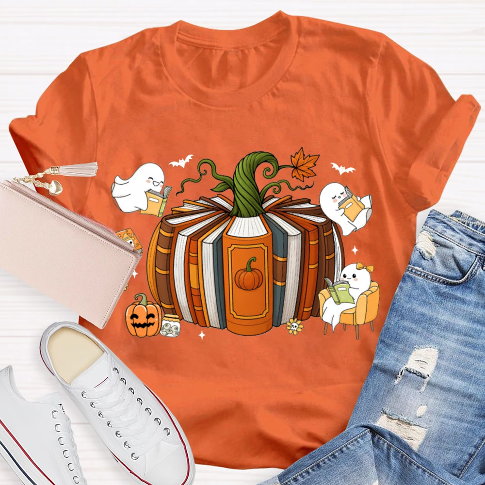 Pumpkin Books A Group Of Little Ghosts Reading Books T-shirt