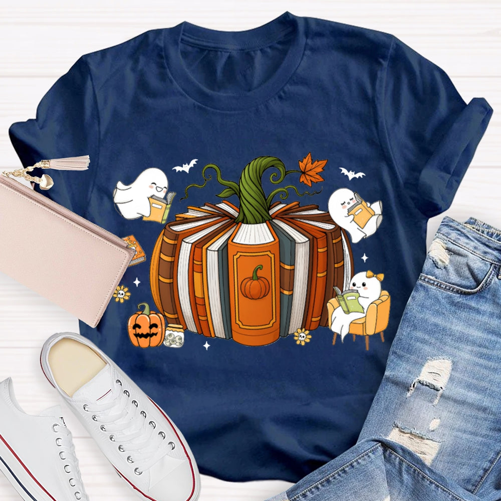 Pumpkin Books A Group Of Little Ghosts Reading Books T-shirt