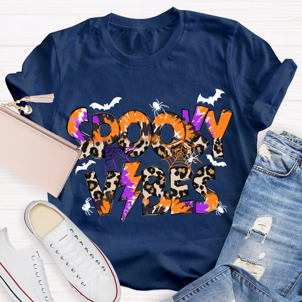 Spooky Vibes Leopard Print And Orange Font Halloween T-shirt