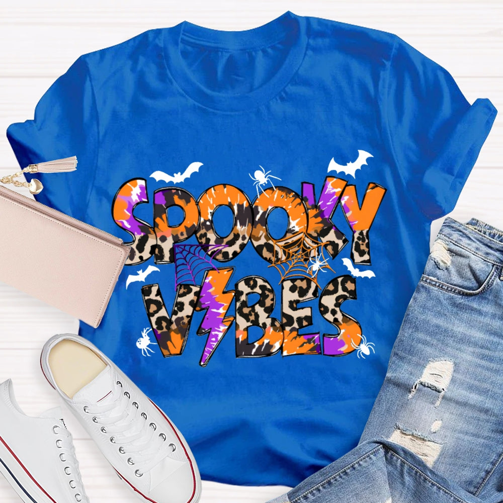 Spooky Vibes Leopard Print And Orange Font Halloween T-shirt