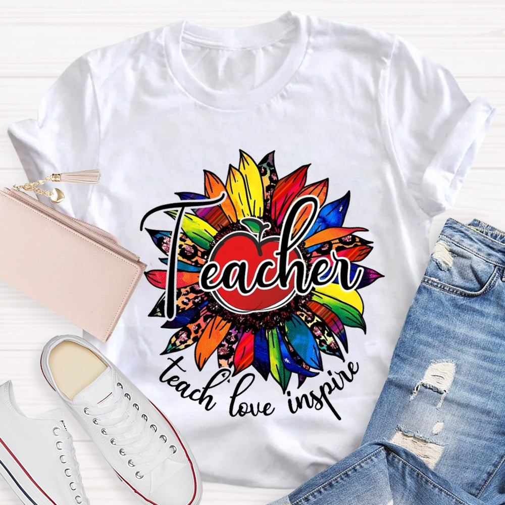Teach Love Inspire Colorful Leopard Sunflower T-Shirt