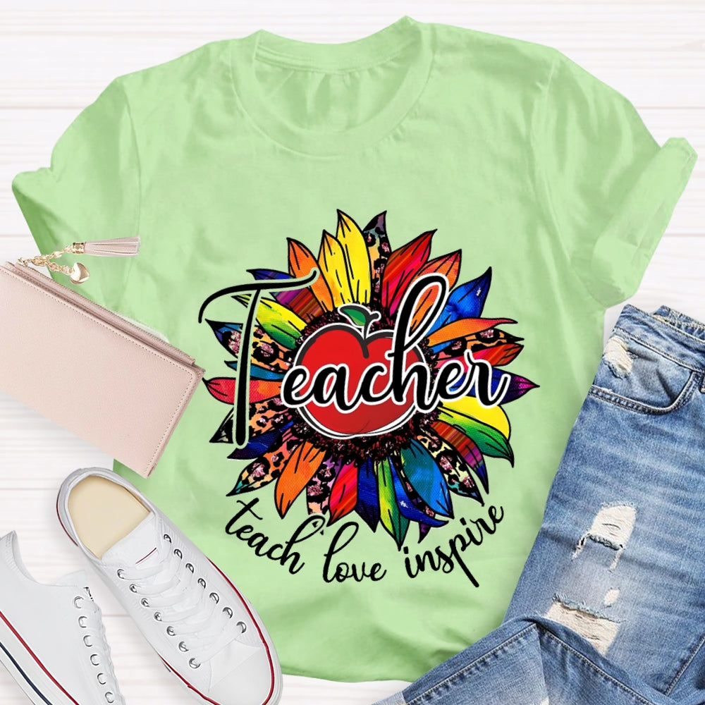 Teach Love Inspire Colorful Leopard Sunflower T-Shirt