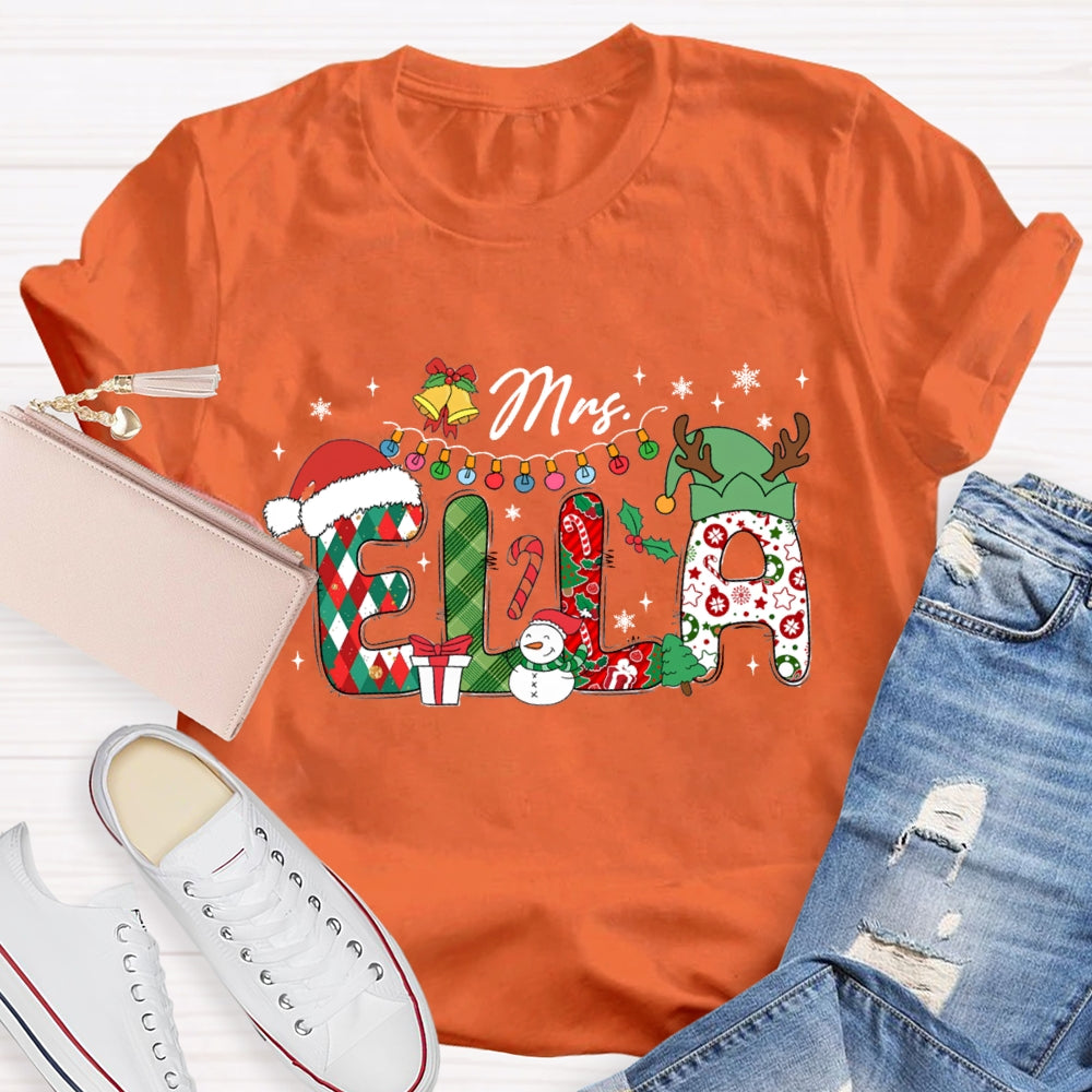 Personalized Name Christmas Hat And Colorful Lights Snowman Design T-Shirt